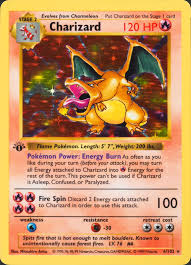 1st Edition Shadowless Charizard card from 1999 featuring fiery background and powerful artwork.